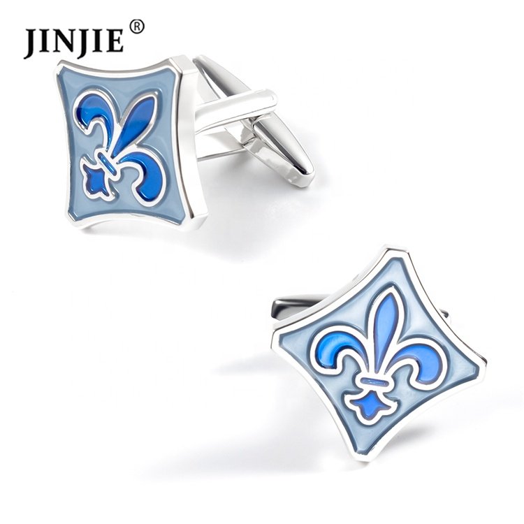 Ready to ship french copper material blue fleur-de-lis enamel cuff button men's cuff links
