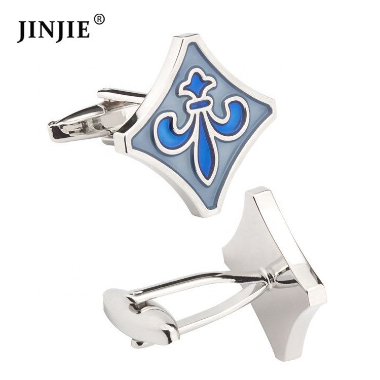 Ready to ship french copper material blue fleur-de-lis enamel cuff button men's cuff links