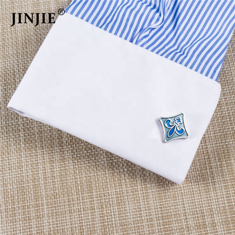 Ready to ship french copper material blue fleur-de-lis enamel cuff button men's cuff links