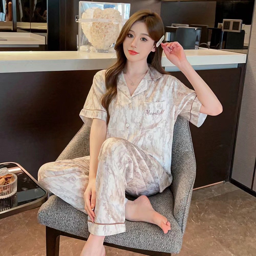 New silk tie dye women's letter pajamas, short sleeved pants, summer home clothing set wholesale support sample collection