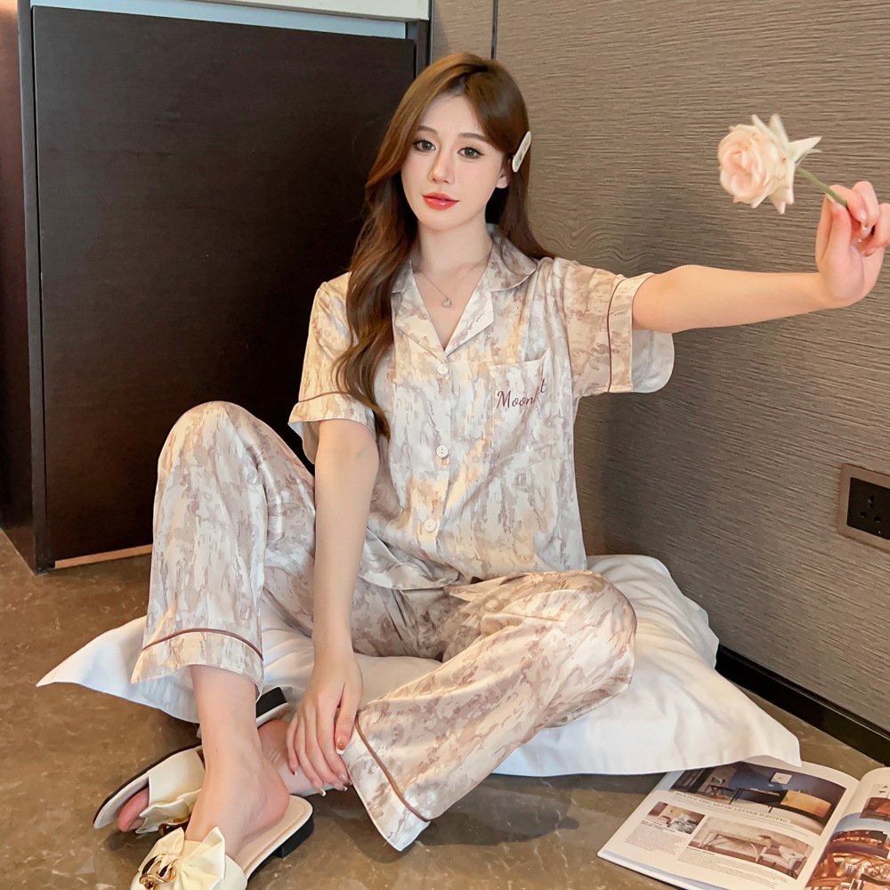 New silk tie dye women's letter pajamas, short sleeved pants, summer home clothing set wholesale support sample collection