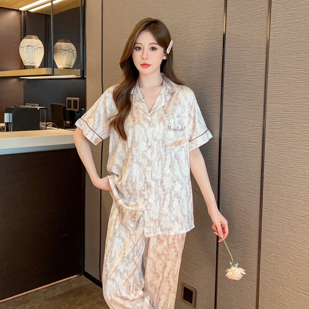 New silk tie dye women's letter pajamas, short sleeved pants, summer home clothing set wholesale support sample collection