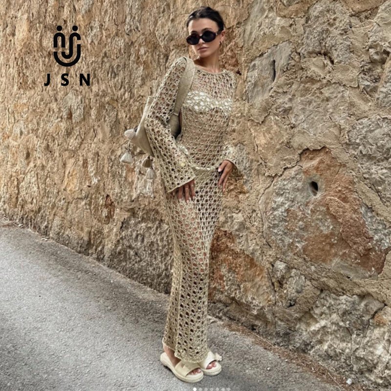 JSN 2024 Wholesale Solid Backless Crochet Vacation Wear Beach Cover Ups For Women Robe De Plage Kimono Cover Up Swimwear