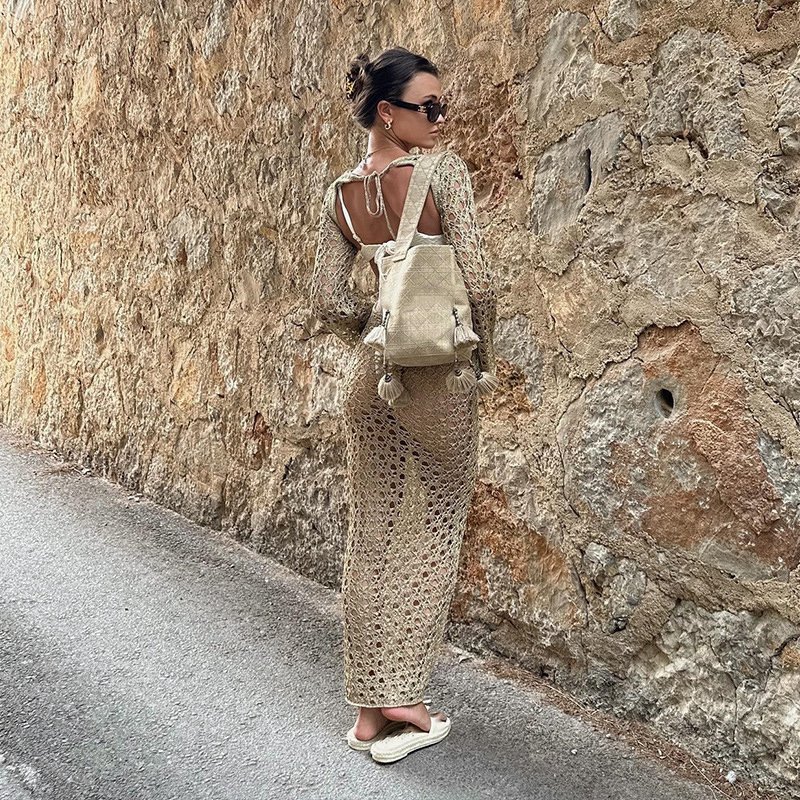JSN 2024 Wholesale Solid Backless Crochet Vacation Wear Beach Cover Ups For Women Robe De Plage Kimono Cover Up Swimwear