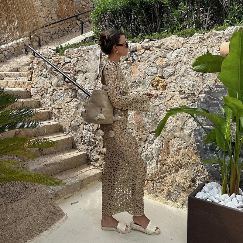 JSN 2024 Wholesale Solid Backless Crochet Vacation Wear Beach Cover Ups For Women Robe De Plage Kimono Cover Up Swimwear