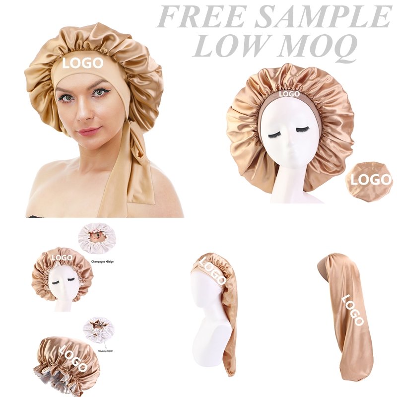Satin Hair Bonnet and hair wraps Customized Logo Wide Band Sleeping Cap Braid Satin Bonnets with tie