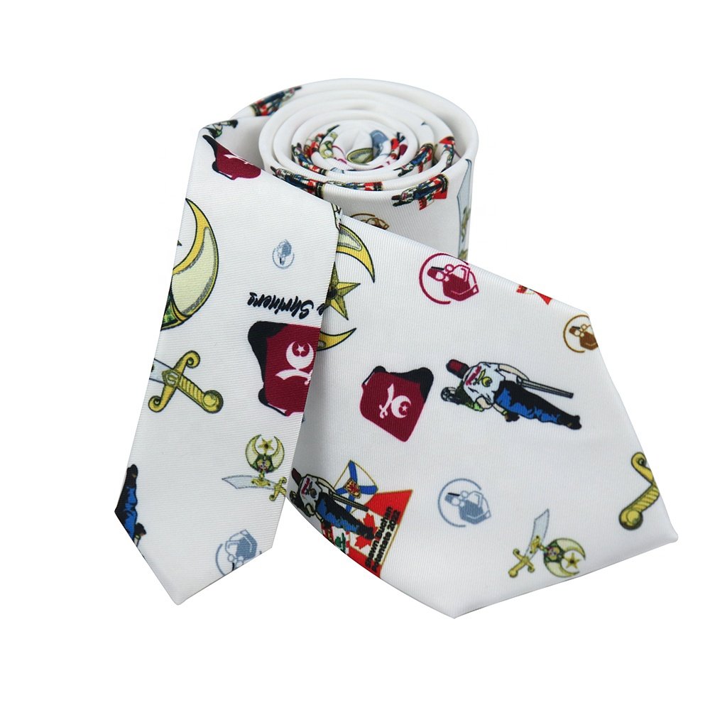 Custom Mens Collections White Burgundy Red Shriner Hospital Logo Print Neckties Cheap Polyester Masonic Ties for Men