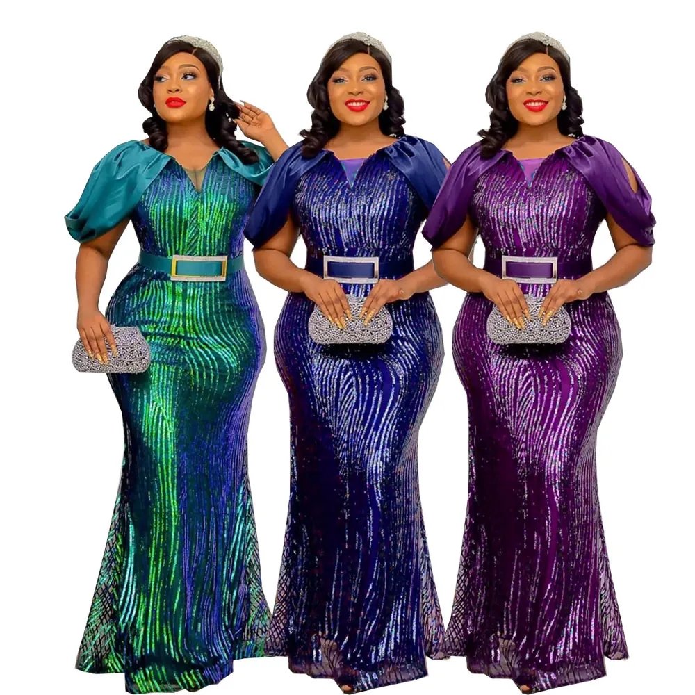 Plus Size Luxury African Sequin Maxi Dresses for Women Sexy Female Wedding Evening Dress Elegant Ladies Party Bodycon Gown