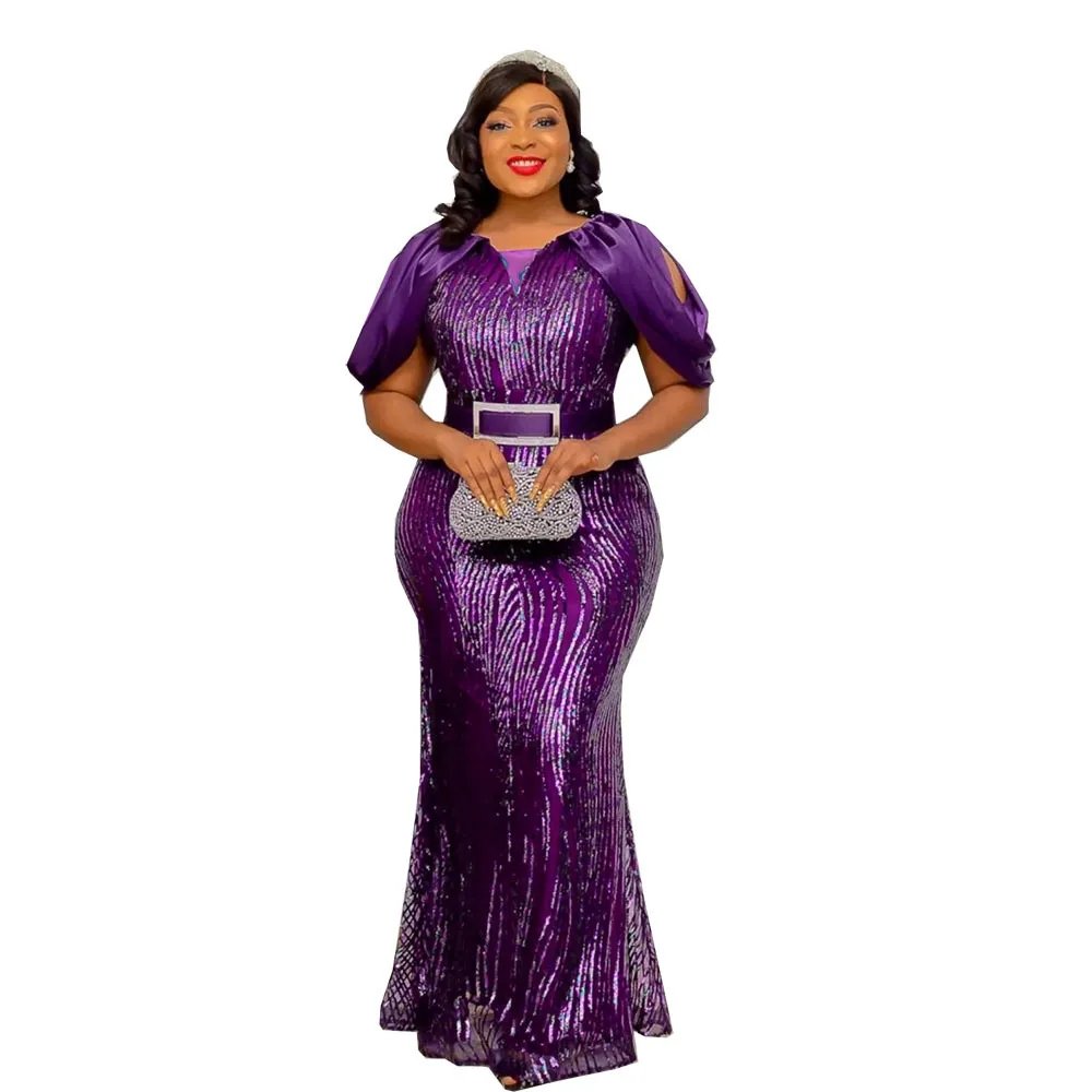 Plus Size Luxury African Sequin Maxi Dresses for Women Sexy Female Wedding Evening Dress Elegant Ladies Party Bodycon Gown