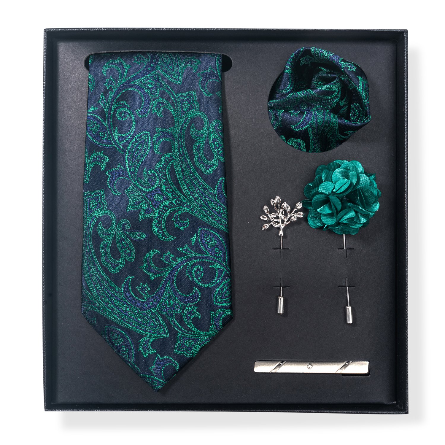 Luxury Gift Box Ties Hanky Cufflinks Brooch For Men Sets 8 cm Green Floral Necktie Men Fit Formal Party Birthday Gift