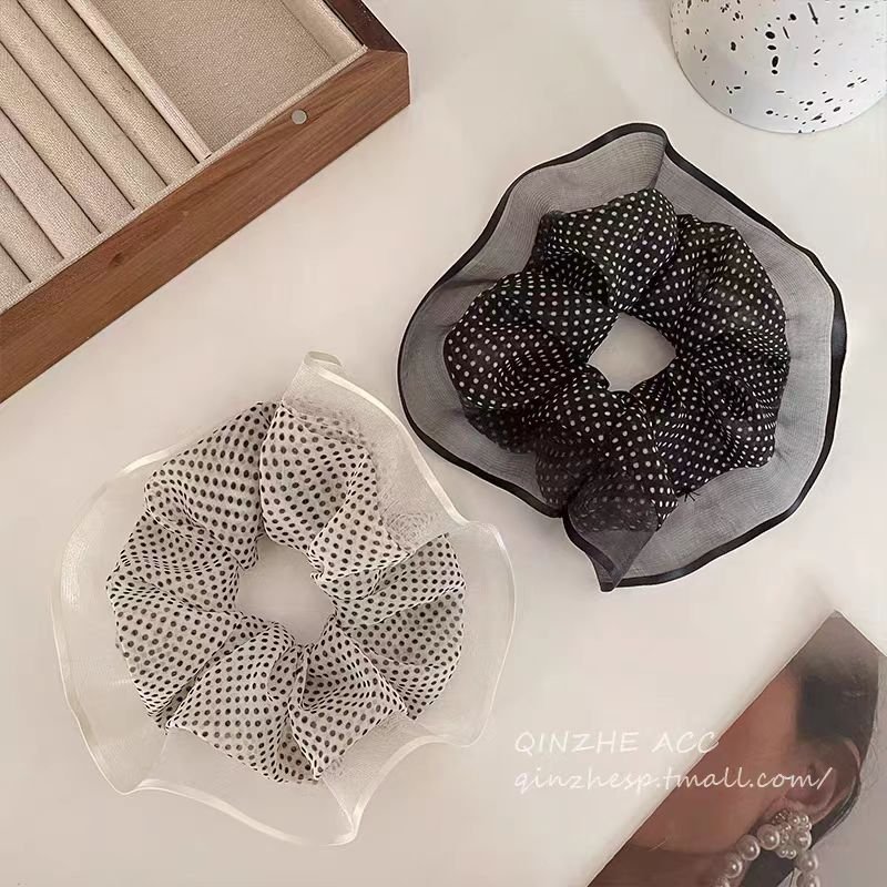 Korean spring and summer temperament polka dot mesh lace big circle vintage high quality large hair rope headflower