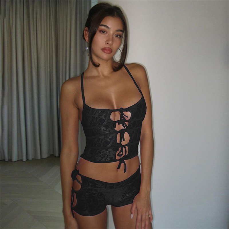 Peeqi K24S46830 Summer Y2K Two Pieces Shorts Set Sexy party club wear Sheer Lace See through mesh Tie Up 2 Piece Set women lady