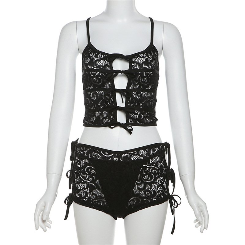 Peeqi K24S46830 Summer Y2K Two Pieces Shorts Set Sexy party club wear Sheer Lace See through mesh Tie Up 2 Piece Set women lady