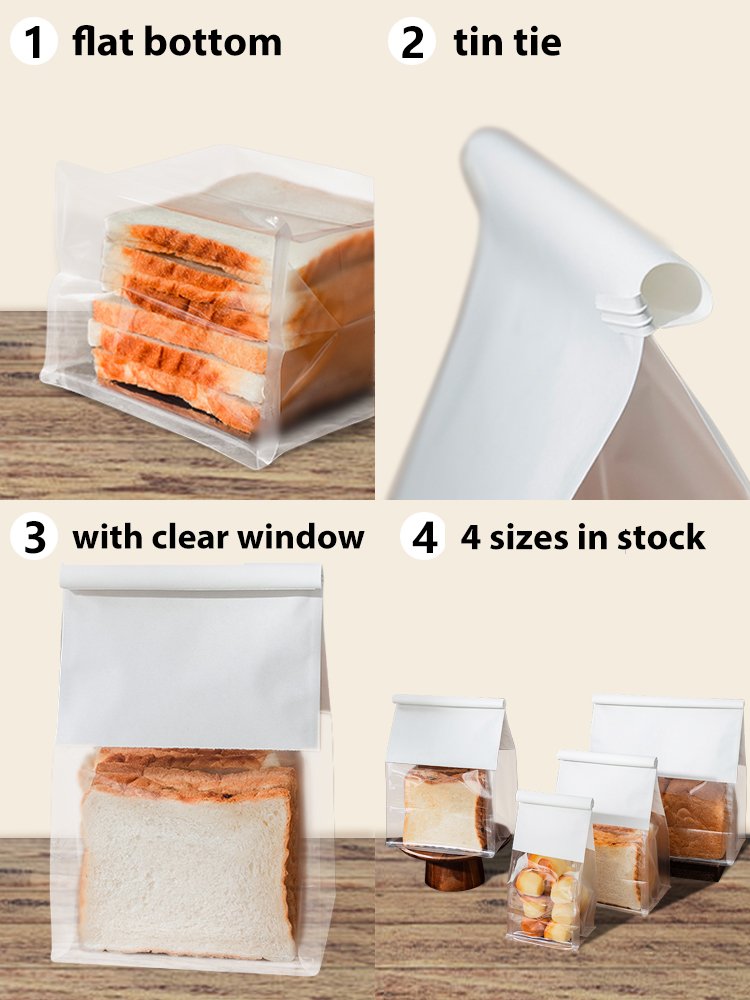 Toast packaging sliced tin tie lock bread kraft paper bakery bag customized cotton paper bakery bags with window