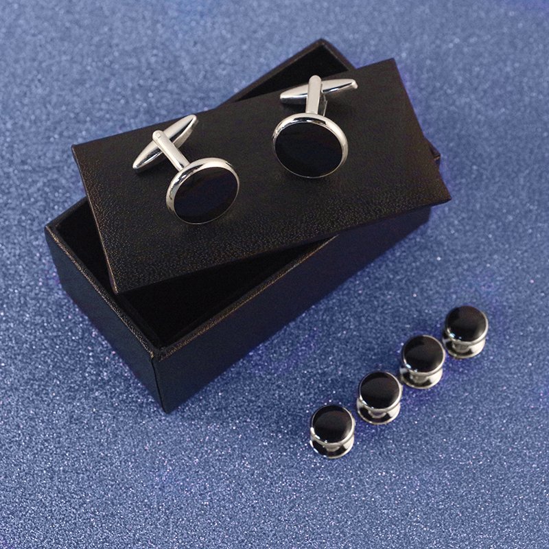 Ready to ship round black soft enamel mens cufflinks and studs set tuxedo shirts