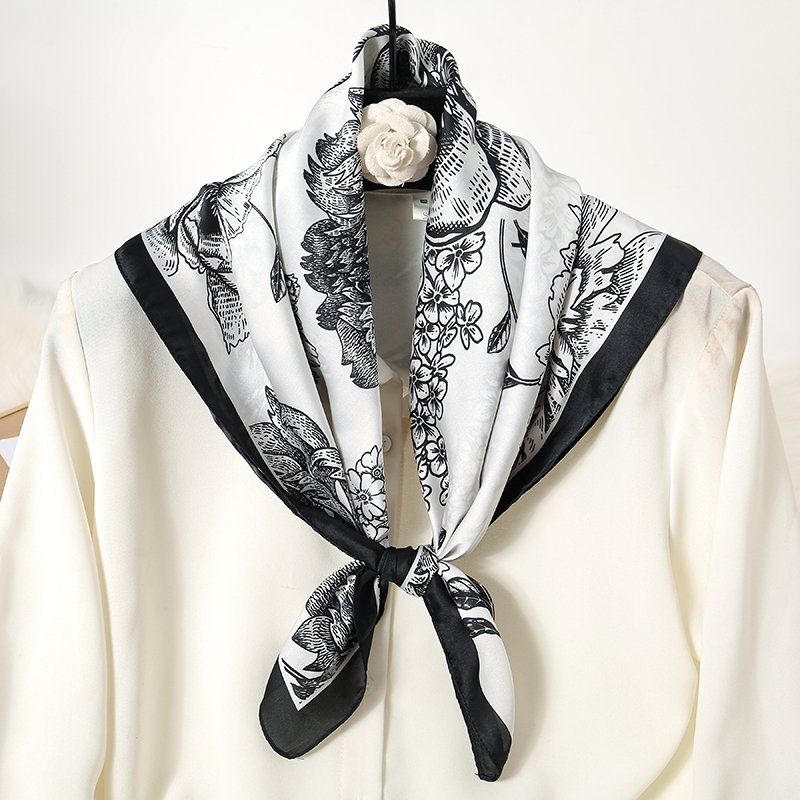 New Custom Fashion Flower With Bees Pattern Square Head Hair Polyester Silk Scarves Office Ladies Tie Small Neck Scarfs Women