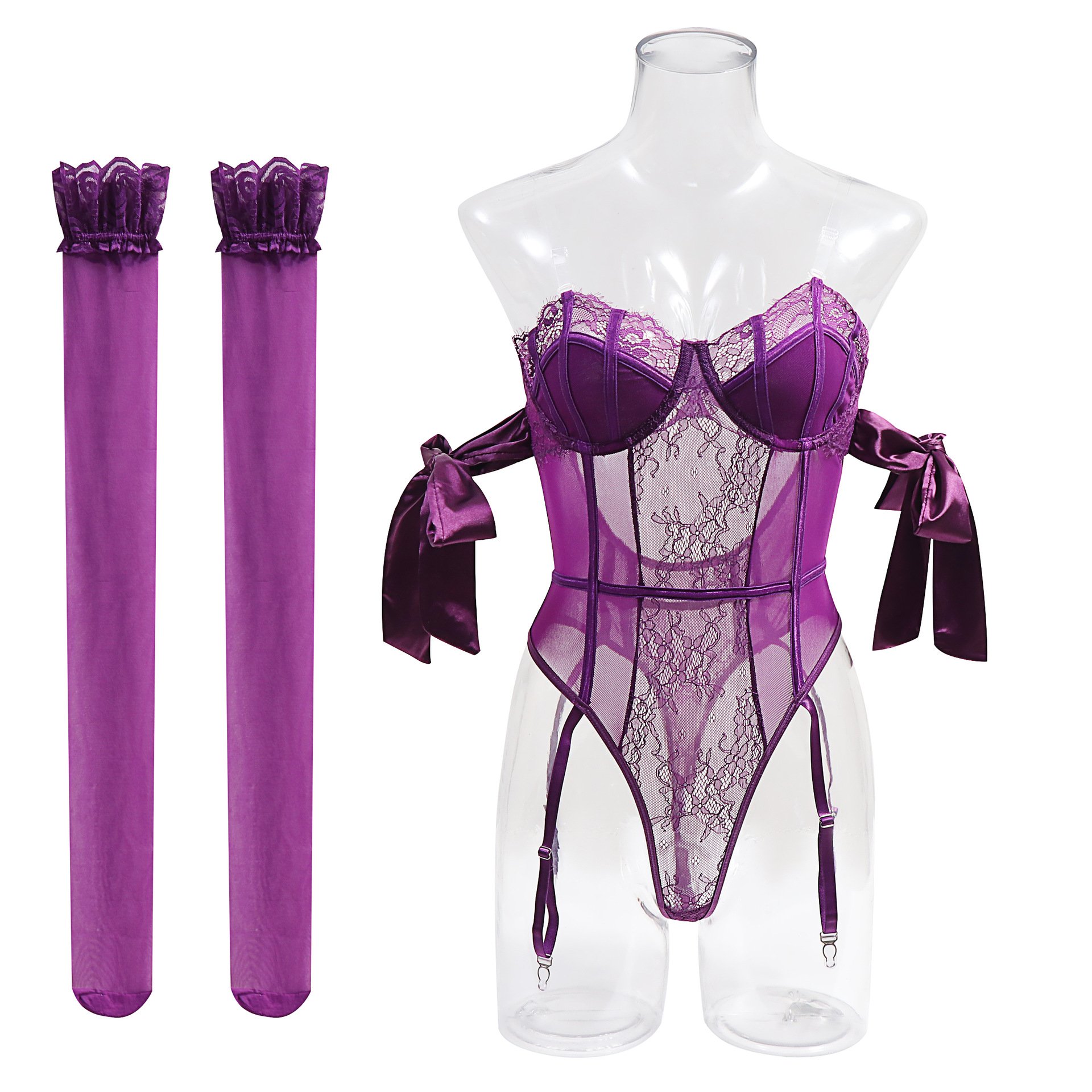 Dnika Lavender Seductive Shapewear Bodysuit with Bow Silk Tie Details Alluring Lingerie Set Including Stockings Perfect Women