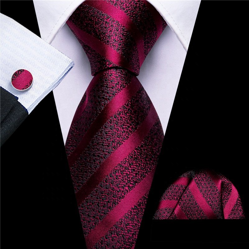 Fashion Design Formal Men's Striped Red Black Tie Handkerchief Cufflinks Set Woven Silk Necktie For Men