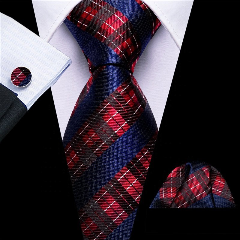 Fashion Design Formal Men's Striped Red Black Tie Handkerchief Cufflinks Set Woven Silk Necktie For Men