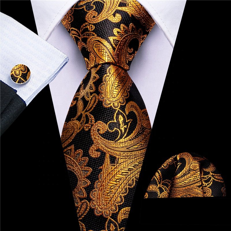 Fashion Design Formal Men's Striped Red Black Tie Handkerchief Cufflinks Set Woven Silk Necktie For Men