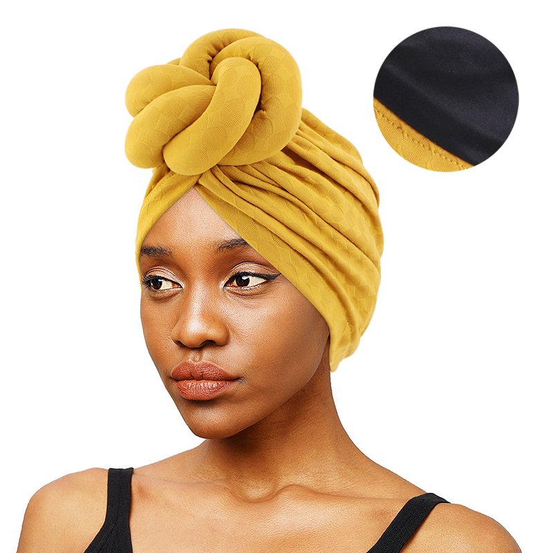 African Pattern Double Layer Knotted Head wraps for Women Satin Lined Pre-Knotted Beanie Hair Covers Turban