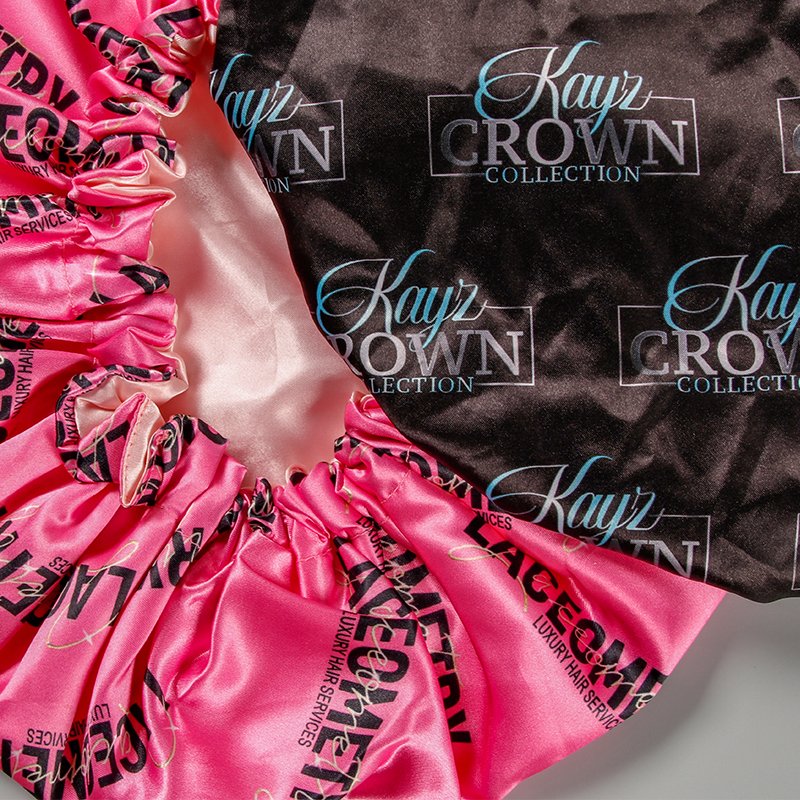 Wholesale Custom Digital Sublimation Print Logo Designer Sleeping Cap Silk Big Satin Hair Tie Bonnets with Drawstring