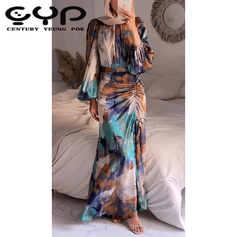 New 2024 Fashion Tie Dye Print Drawstring Long Sleeve Arabic Dress Women Muslim Dresses Clothing