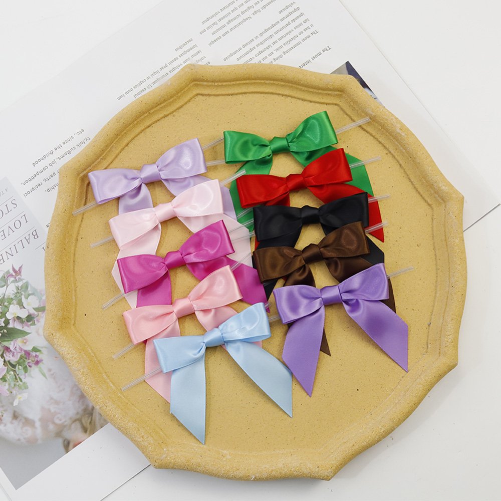 mini pre-tied christmas bows decorative 2.5" Pink pre-made satin ribbon bow with twist tie