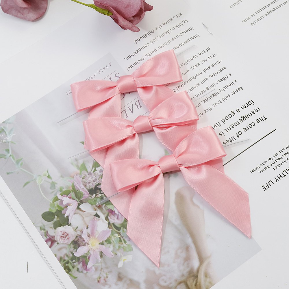 mini pre-tied christmas bows decorative 2.5" Pink pre-made satin ribbon bow with twist tie