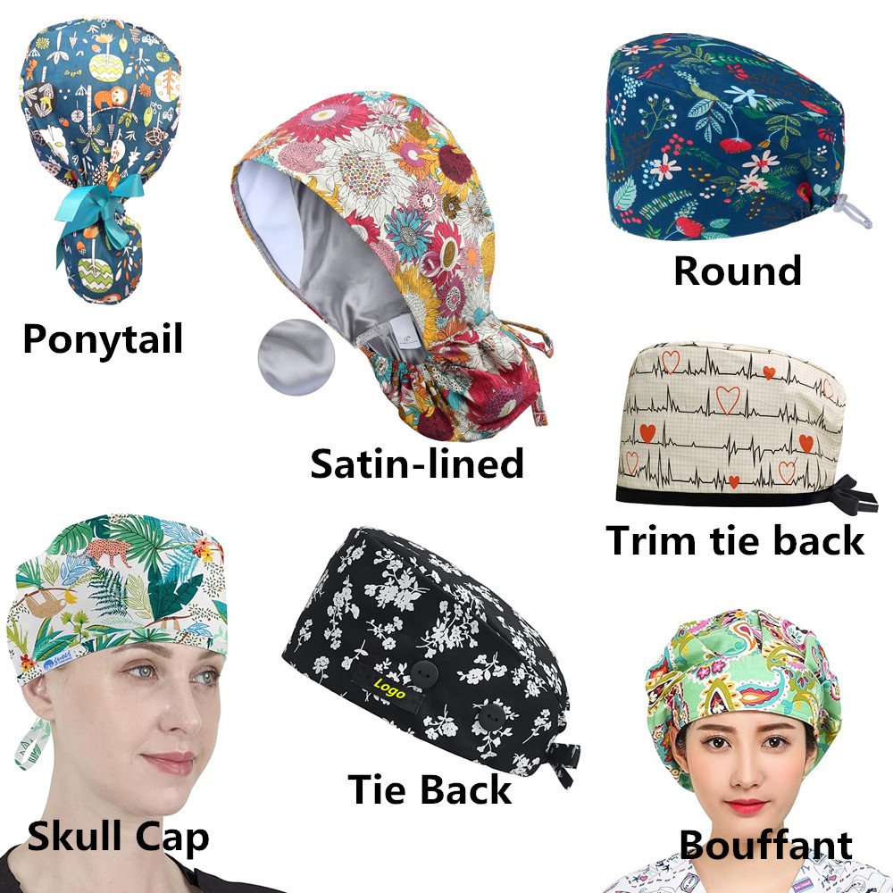 Custom Print Women Nurse Long Hair Satin Lined Scrub Caps Hospital Nursing Ponytail Scrub Cap With Logo