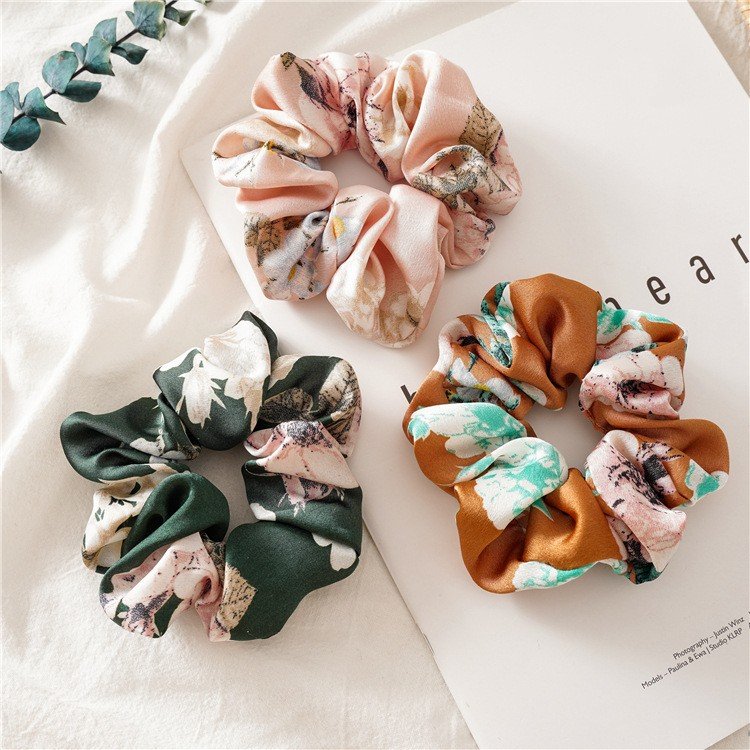Satin silk flower printed scrunchies high elastic fashion hair rope high-grade temperament hair accessories manufacturers