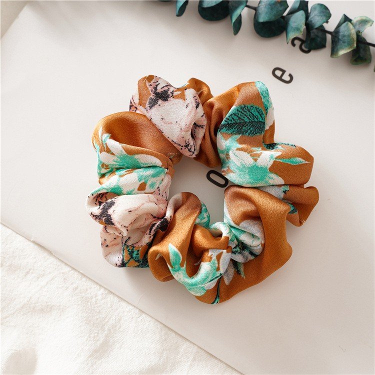 Satin silk flower printed scrunchies high elastic fashion hair rope high-grade temperament hair accessories manufacturers