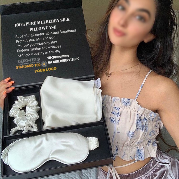 19mm Luxury silk sleep eye mask and scrunchies set silk satin pillowcase cover natural mulberry silk pillow case