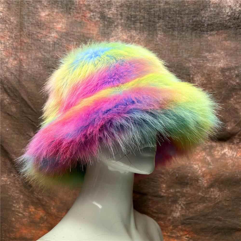 Women's Fashion Faux Fur Tie-Dye Bucket Hats Printed Fluffy Plush Fisherman Caps Outdoor Winter Fishing Travel Skiing Casual