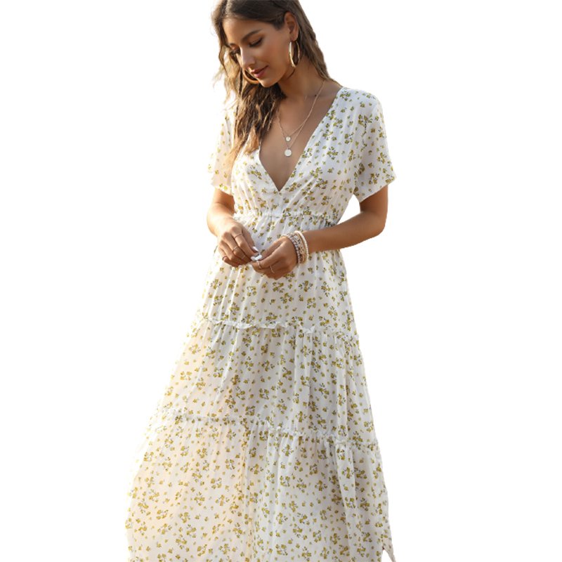 Summer Long Dress Green Floral Print 3/4 Sleeves Tie Waist Indian Women Casual Maxi Dress