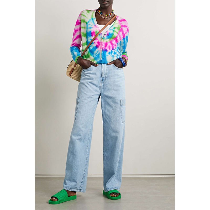 Custom OEM & ODM Women print Sweaters Long Sleeve tie-dyed knitwear V neck knit ladies Knitted sweater cardigan women
