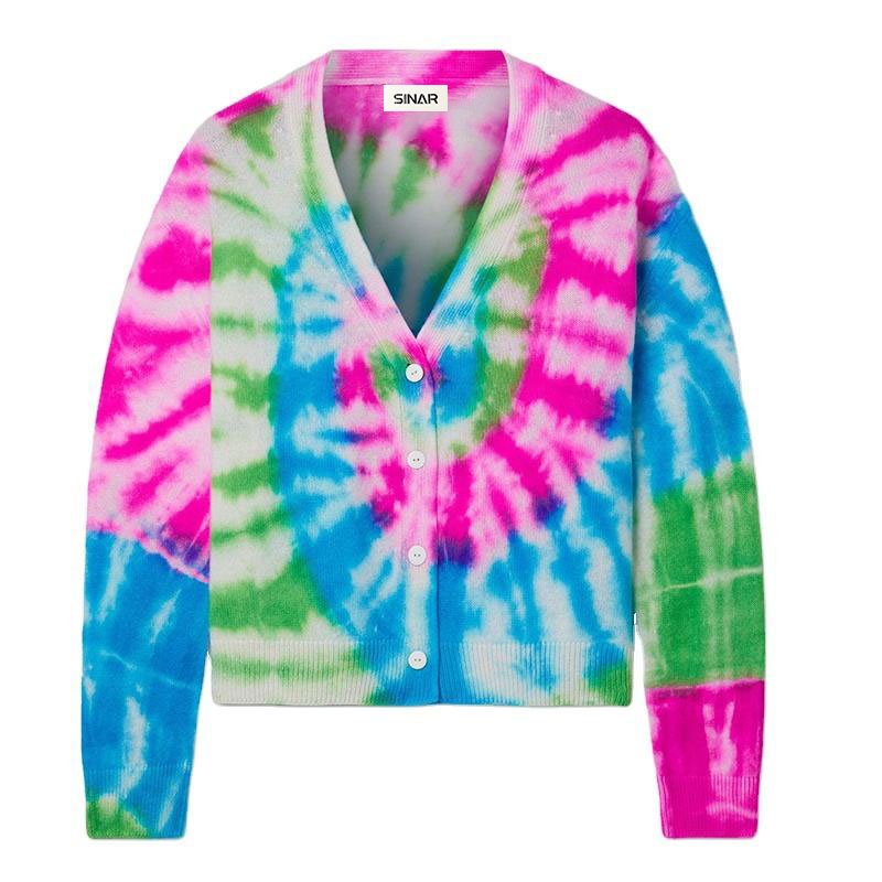 Custom OEM & ODM Women print Sweaters Long Sleeve tie-dyed knitwear V neck knit ladies Knitted sweater cardigan women