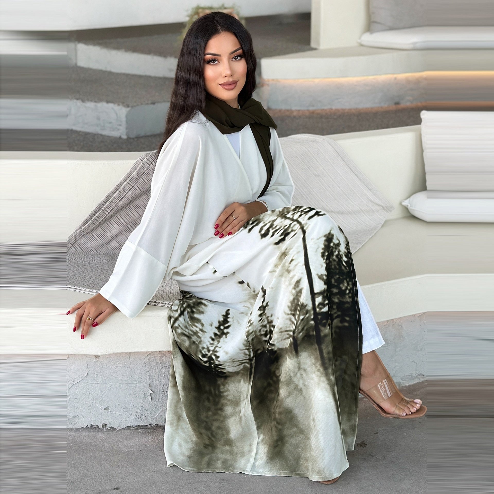 Female Cardigan Muslim Dress Stylish Tie Dye Floral Print Abaya Jalabiya Dubai Ramadan Caftan Marocain Femme Kimono Dress