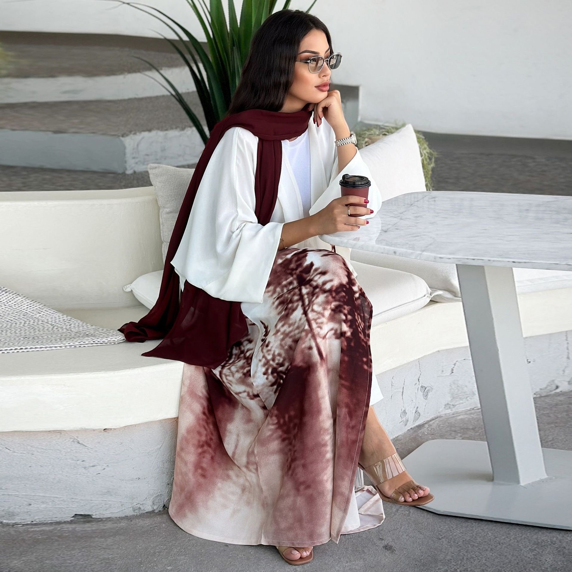 Female Cardigan Muslim Dress Stylish Tie Dye Floral Print Abaya Jalabiya Dubai Ramadan Caftan Marocain Femme Kimono Dress