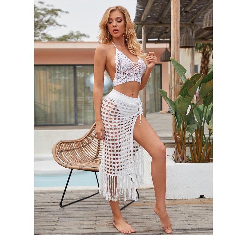 Summer Women's Sexy Hollow Beach Dress Fashion Slit Tassel Crochet Cover Up Skirt