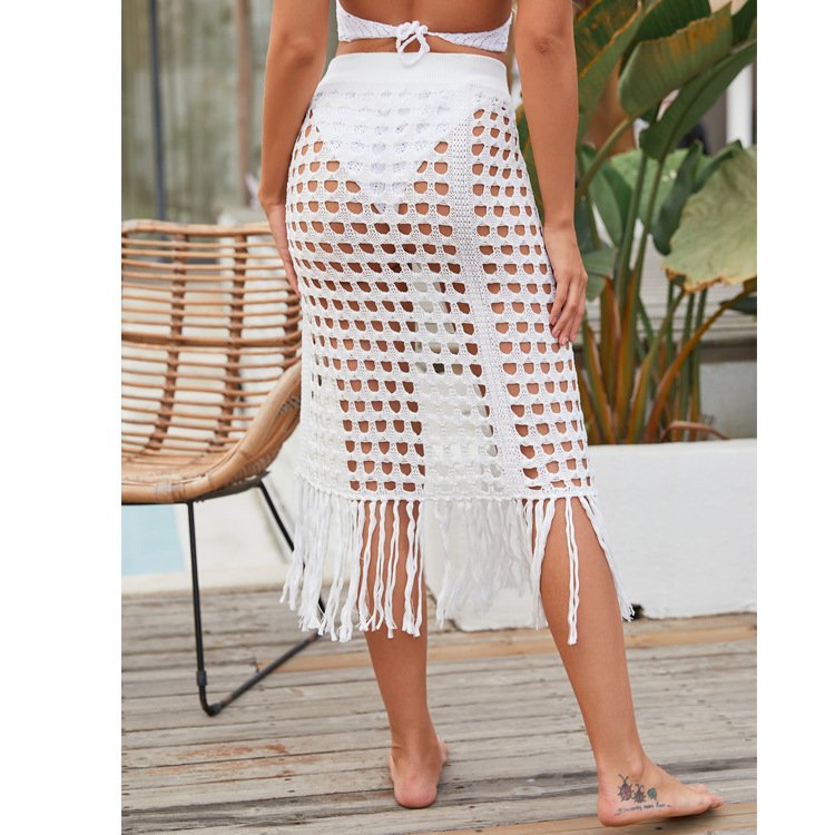 Summer Women's Sexy Hollow Beach Dress Fashion Slit Tassel Crochet Cover Up Skirt