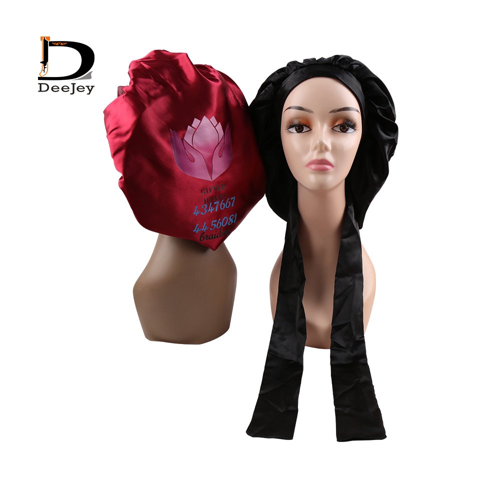 Custom Double Layer Satin Bonnet with Tie Band For Long Virgin Hair Women Silk Tie Up Sleeping Bonnets
