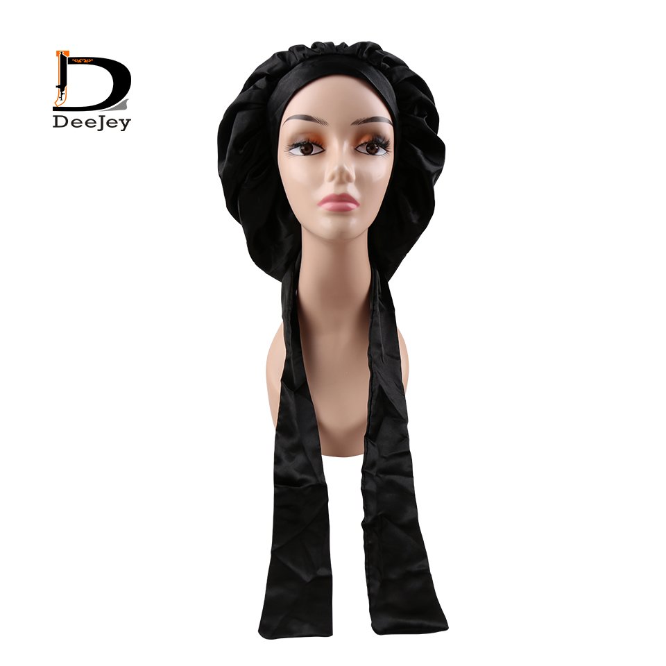 Custom Double Layer Satin Bonnet with Tie Band For Long Virgin Hair Women Silk Tie Up Sleeping Bonnets