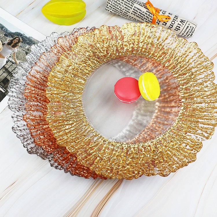 Hot Sale Silver Gold Foil Glass Plate with Fancy Floral Patterns Clear Glass Charger Plates for Wedding Party Banquet