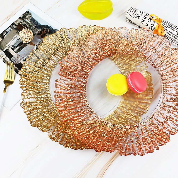 Hot Sale Silver Gold Foil Glass Plate with Fancy Floral Patterns Clear Glass Charger Plates for Wedding Party Banquet