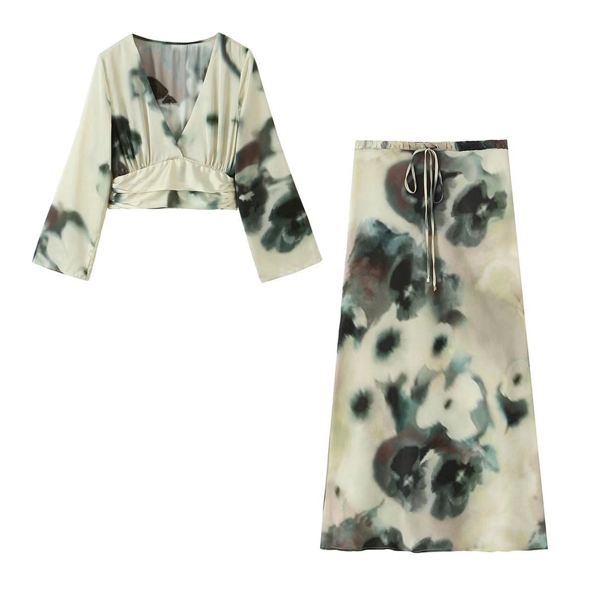 PB&ZA Women 2023 autumn New Fashion Tie dye print silk satin texture MIDI Skirt Vintage High Waist Female Skirts Mujer