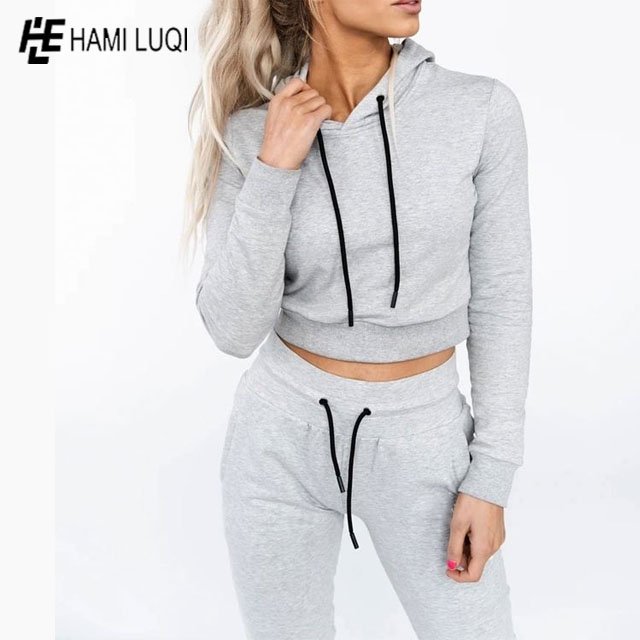 Women's 2-Piece Cotton Pullover Sweatpants Set Long Sleeve Crop Hoodie and Jogger Tracksuit Casual Winter Styles Wholesale