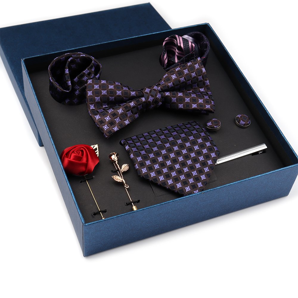 Men's Tie Set Gift Box Fashion Brand Bowtie Pocket Squares Brooch Cufflinks Clip Suit For Men Business Necktie Wedding Party Tie