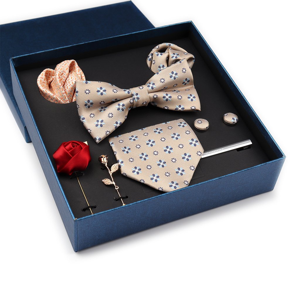 Men's Tie Set Gift Box Fashion Brand Bowtie Pocket Squares Brooch Cufflinks Clip Suit For Men Business Necktie Wedding Party Tie