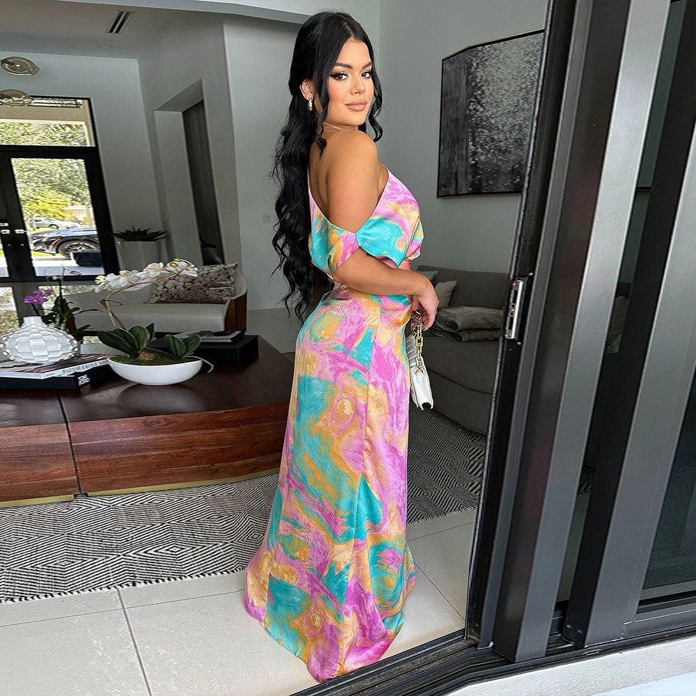 QuiteS Sexy Tie-Dye Dress High Slit Sloping Neck Summer Printed Beach Holiday Vacation Women Casual Silk Dresses